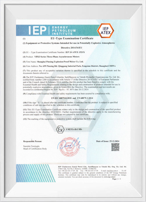 Certificate Shanghai Pinxing Explosion proof Motor Co Ltd